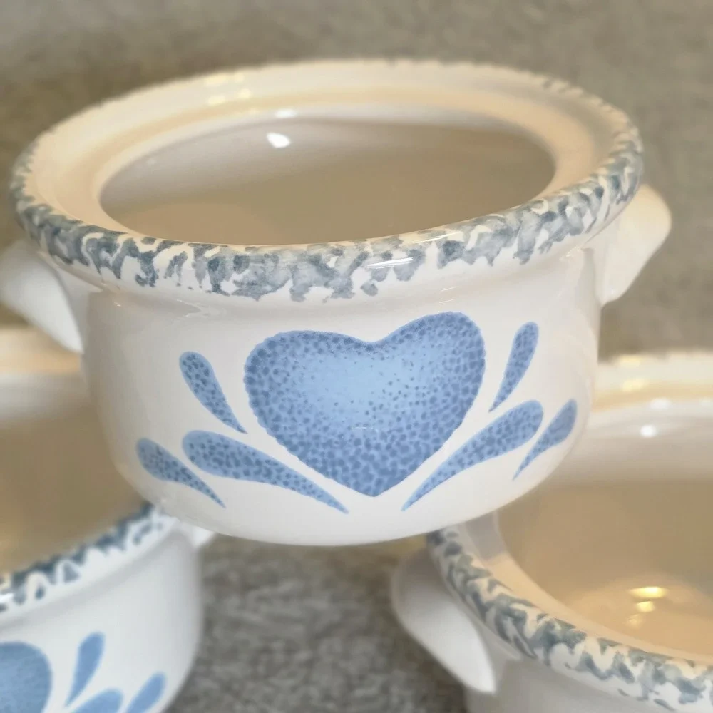 Set of 3 Country Blue Heart Ceramic Covered Soup Crocks No Lids Cottagecore